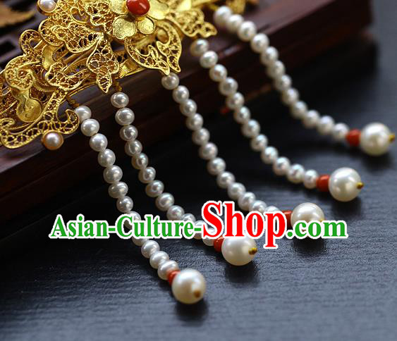 China Ancient Princess Pearls Tassel Hairpin Handmade Traditional Ming Dynasty Filigree Hair Stick China Ancient Princess Pearls Tassel Hairpin Handmade Traditional Ming Dynasty Filigree Hair Stick