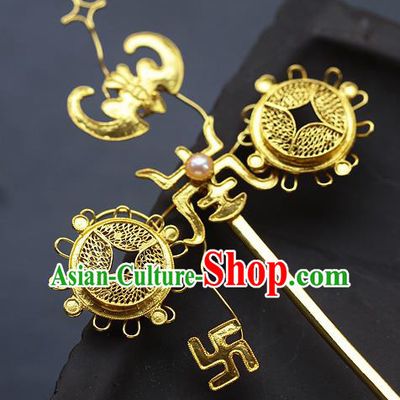 China Ancient Noble Lady Pearl Hairpin Handmade Traditional Ming Dynasty Golden Bat Hair Stick