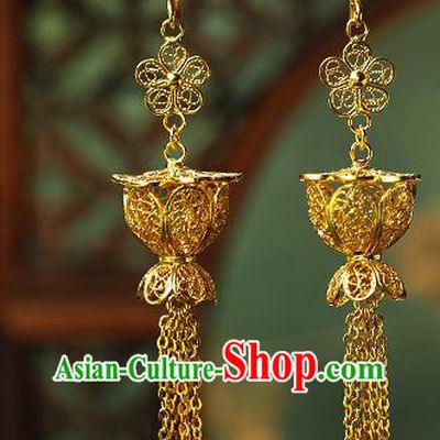 Chinese Traditional Filigree Earrings Ancient Imperial Consort Golden Lantern Tassel Ear Accessories