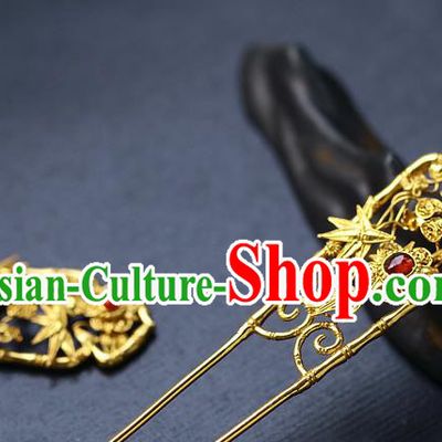China Handmade Ancient Palace Lady Hairpin Traditional Qing Dynasty Golden Bamboo Hair Stick