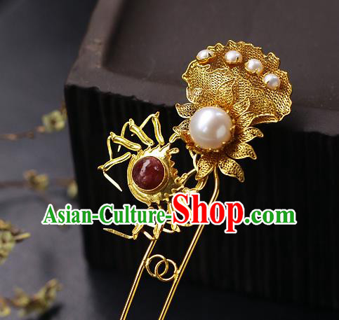 China Ancient Empress Gems Hairpin Traditional Ming Dynasty Golden Crab Hair Stick