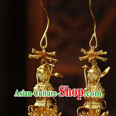 Chinese Traditional Sui Dynasty Princess Earrings Ancient Palace Lady Golden God Ear Accessories