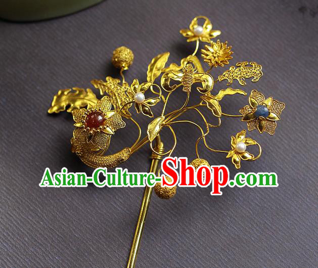 China Ancient Empress Pearls Agate Hairpin Handmade Traditional Ming Dynasty Golden Bat Hair Stick China Ancient Empress Pearls Agate Hairpin Handmade Traditional Ming Dynasty Golden Bat Hair Stick