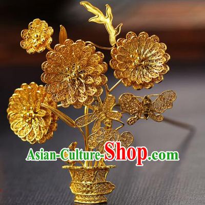 China Ancient Royal Rani Hair Stick Traditional Ming Dynasty Court Filigree Chrysanthemum Hairpin