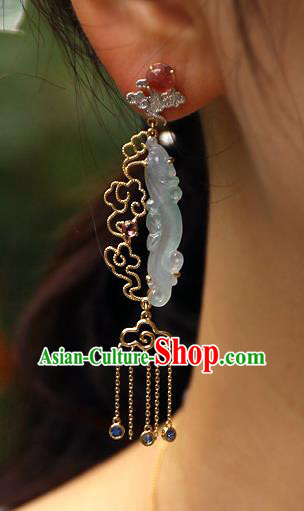 Chinese Handmade Crystal Tassel Ear Accessories Traditional Cheongsam Jadeite Earrings Chinese Handmade Crystal Tassel Ear Accessories Traditional Cheongsam Jadeite Earrings