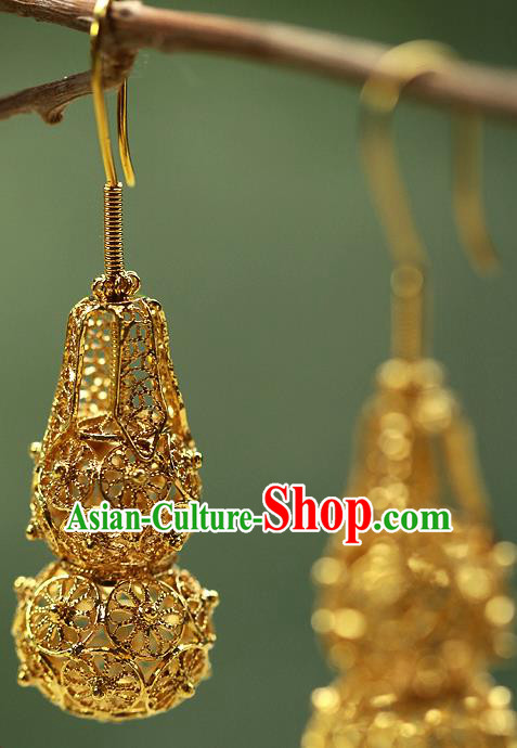 Chinese Handmade Filigree Ear Accessories Traditional Cheongsam Golden Gourd Earrings Chinese Handmade Filigree Ear Accessories Traditional Cheongsam Golden Gourd Earrings