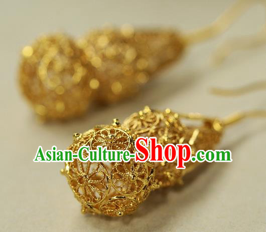 Chinese Handmade Filigree Ear Accessories Traditional Cheongsam Golden Gourd Earrings Chinese Handmade Filigree Ear Accessories Traditional Cheongsam Golden Gourd Earrings