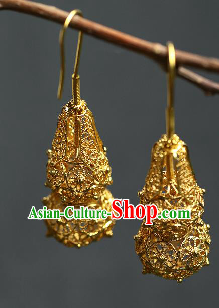 Chinese Handmade Filigree Ear Accessories Traditional Cheongsam Golden Gourd Earrings Chinese Handmade Filigree Ear Accessories Traditional Cheongsam Golden Gourd Earrings