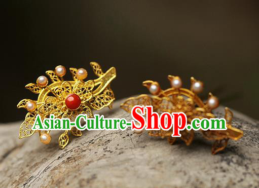 China Ancient Court Filigree Hair Jewelry Traditional Ming Dynasty Pearls Hairpin China Ancient Court Filigree Hair Jewelry Traditional Ming Dynasty Pearls Hairpin