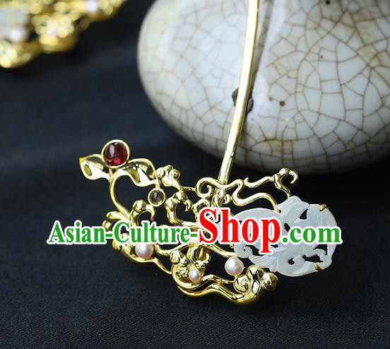 China Ancient Empress Jade Hair Jewelry Traditional Ming Dynasty Queen Golden Hairpin