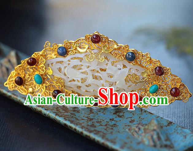 China Ancient Court Gems Hair Jewelry Traditional Ming Dynasty Empress Jade Golden Hairpin China Ancient Court Gems Hair Jewelry Traditional Ming Dynasty Empress Jade Golden Hairpin