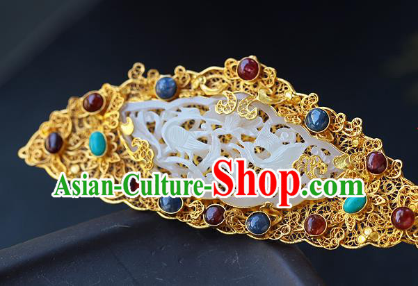 China Ancient Court Gems Hair Jewelry Traditional Ming Dynasty Empress Jade Golden Hairpin China Ancient Court Gems Hair Jewelry Traditional Ming Dynasty Empress Jade Golden Hairpin