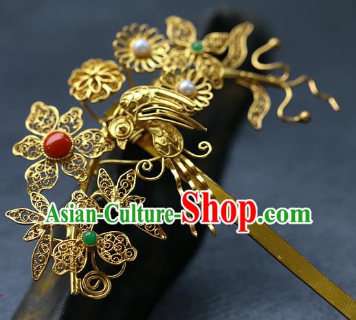 China Ancient Empress Golden Hair Stick Traditional Ming Dynasty Court Filigree Hairpin China Ancient Empress Golden Hair Stick Traditional Ming Dynasty Court Filigree Hairpin