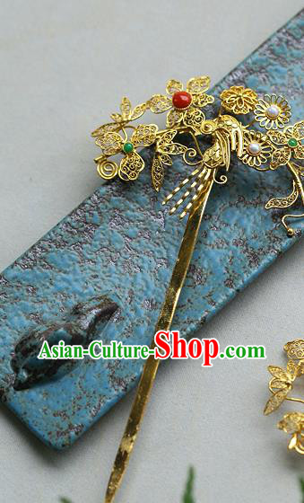 China Ancient Empress Golden Hair Stick Traditional Ming Dynasty Court Filigree Hairpin China Ancient Empress Golden Hair Stick Traditional Ming Dynasty Court Filigree Hairpin