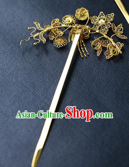 China Ancient Empress Golden Hair Stick Traditional Ming Dynasty Court Filigree Hairpin China Ancient Empress Golden Hair Stick Traditional Ming Dynasty Court Filigree Hairpin