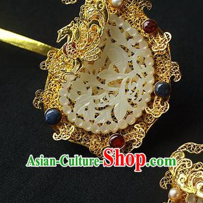 China Ancient Court Queen Filigree Hair Stick Traditional Ming Dynasty Empress Jade Hairpin