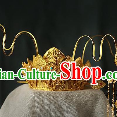 China Ancient Drama Queen Phoenix Coronet Traditional Tang Dynasty Golden Lotus Tassel Hair Crown