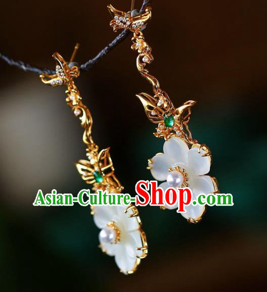 Chinese Handmade Jade Flower Ear Accessories Traditional Golden Butterfly Earrings Chinese Handmade Jade Flower Ear Accessories Traditional Golden Butterfly Earrings