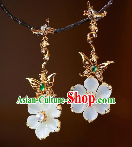 Chinese Handmade Jade Flower Ear Accessories Traditional Golden Butterfly Earrings Chinese Handmade Jade Flower Ear Accessories Traditional Golden Butterfly Earrings