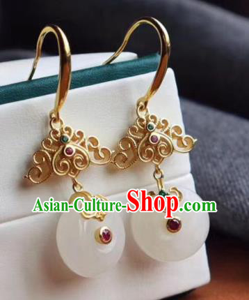 Chinese Handmade Golden Cloud Ear Accessories Traditional Cheongsam Jade Peace Buckle Earrings Chinese Handmade Golden Cloud Ear Accessories Traditional Cheongsam Jade Peace Buckle Earrings
