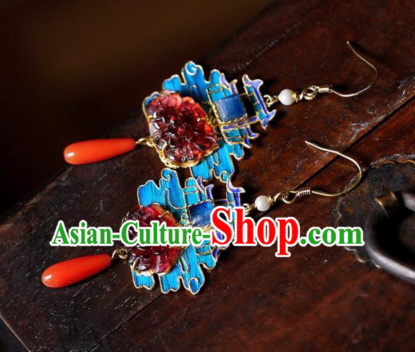 Chinese Handmade Cheongsam Tourmaline Peony Ear Accessories Traditional Qing Dynasty Court Earrings Chinese Handmade Cheongsam Tourmaline Peony Ear Accessories Traditional Qing Dynasty Court Earrings
