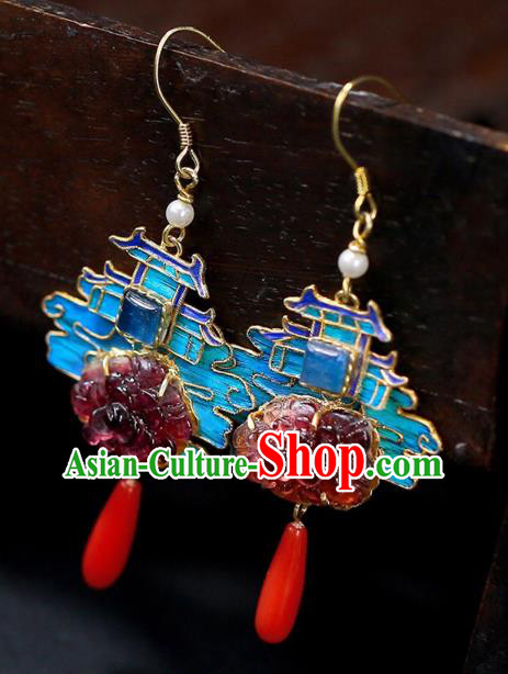 Chinese Handmade Cheongsam Tourmaline Peony Ear Accessories Traditional Qing Dynasty Court Earrings Chinese Handmade Cheongsam Tourmaline Peony Ear Accessories Traditional Qing Dynasty Court Earrings