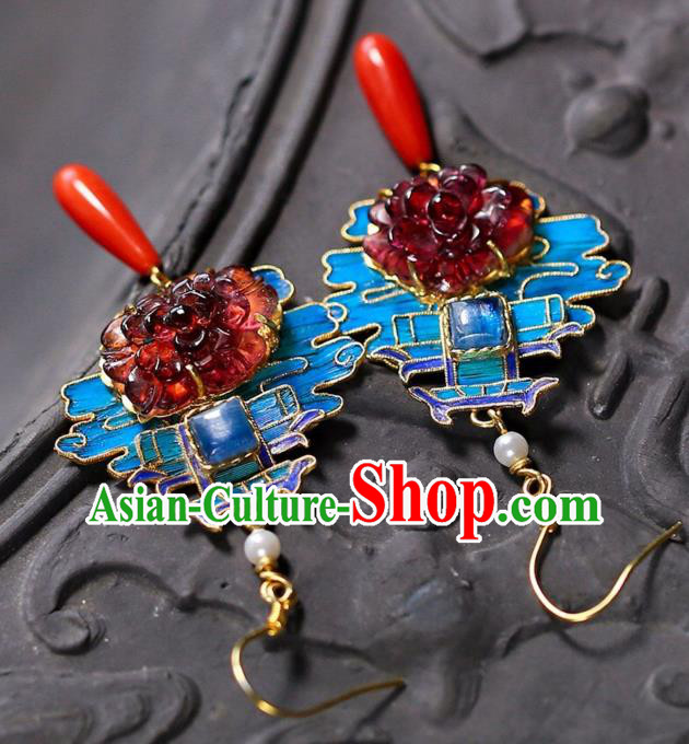 Chinese Handmade Cheongsam Tourmaline Peony Ear Accessories Traditional Qing Dynasty Court Earrings Chinese Handmade Cheongsam Tourmaline Peony Ear Accessories Traditional Qing Dynasty Court Earrings