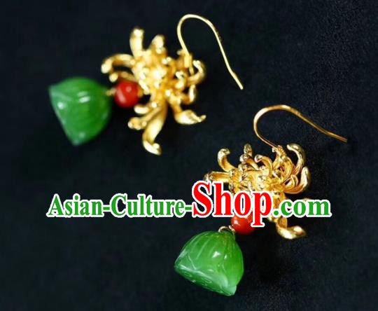 Chinese Handmade National Golden Chrysanthemum Ear Accessories Traditional Cheongsam Jade Lotus Seedpod Earrings Chinese Handmade National Golden Chrysanthemum Ear Accessories Traditional Cheongsam Jade Lotus Seedpod Earrings