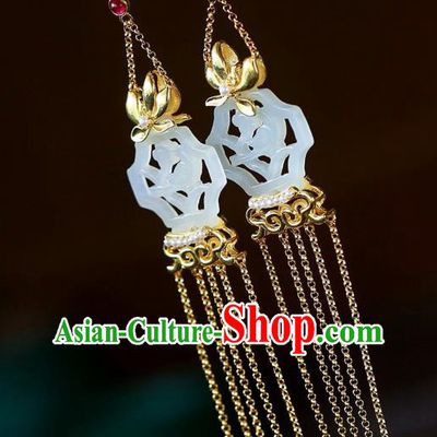 Chinese Handmade White Jade Ear Accessories Traditional Cheongsam Golden Orchid Tassel Earrings