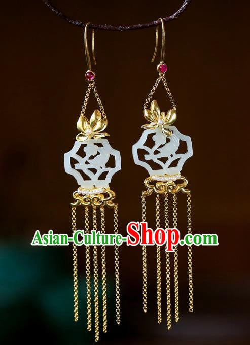 Chinese Handmade White Jade Ear Accessories Traditional Cheongsam Golden Orchid Tassel Earrings Chinese Handmade White Jade Ear Accessories Traditional Cheongsam Golden Orchid Tassel Earrings