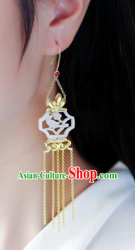 Chinese Handmade White Jade Ear Accessories Traditional Cheongsam Golden Orchid Tassel Earrings Chinese Handmade White Jade Ear Accessories Traditional Cheongsam Golden Orchid Tassel Earrings