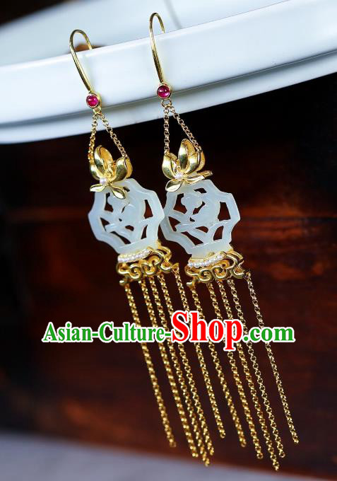 Chinese Handmade White Jade Ear Accessories Traditional Cheongsam Golden Orchid Tassel Earrings Chinese Handmade White Jade Ear Accessories Traditional Cheongsam Golden Orchid Tassel Earrings