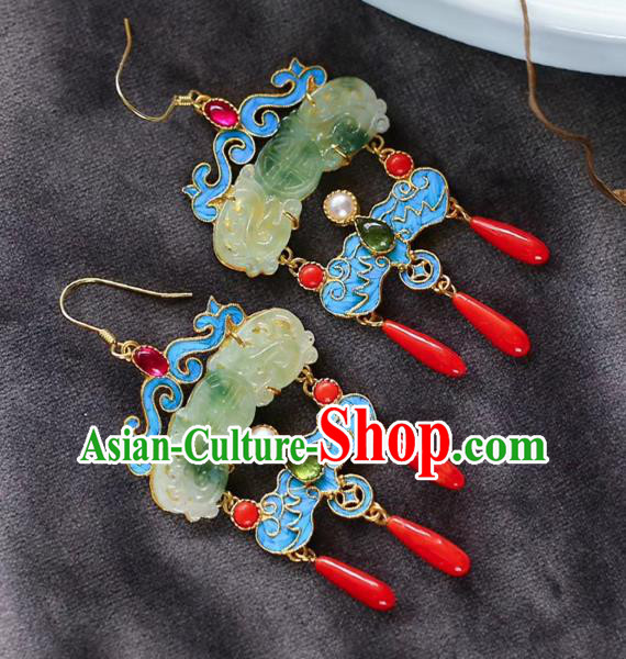 Chinese Handmade Qing Dynasty Palace Ear Accessories Traditional Cheongsam Jade Carving Earrings Chinese Handmade Qing Dynasty Palace Ear Accessories Traditional Cheongsam Jade Carving Earrings