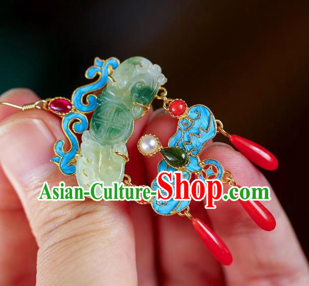 Chinese Handmade Qing Dynasty Palace Ear Accessories Traditional Cheongsam Jade Carving Earrings Chinese Handmade Qing Dynasty Palace Ear Accessories Traditional Cheongsam Jade Carving Earrings