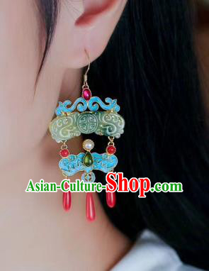 Chinese Handmade Qing Dynasty Palace Ear Accessories Traditional Cheongsam Jade Carving Earrings Chinese Handmade Qing Dynasty Palace Ear Accessories Traditional Cheongsam Jade Carving Earrings