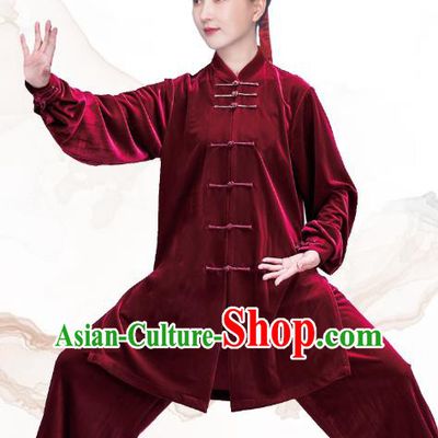 China Tai Ji Training Clothing Tai Chi Costumes Traditional Kung Fu Purplish Red Velvet Uniforms