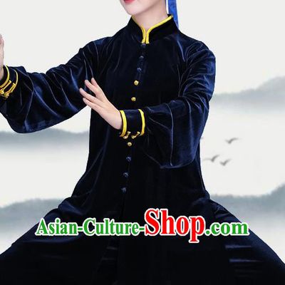 China Tai Chi Training Costumes Traditional Kung Fu Navy Velvet Uniforms Martial Arts Clothing