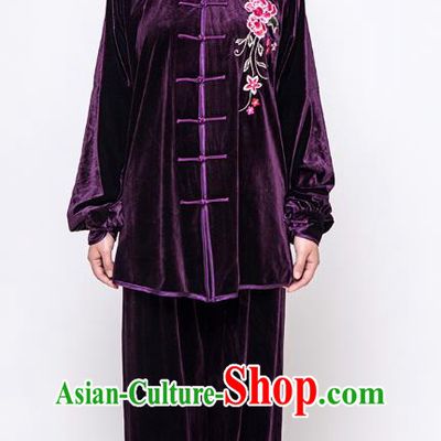 China Tai Chi Training Purple Velvet Costumes Traditional Embroidered Rose Kung Fu Uniforms Martial Arts Clothing