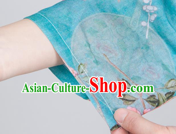 China Traditional Tai Chi Training Costume Printing Flowers Blue Flax Blouse Martial Arts Clothing China Traditional Tai Chi Training Costume Printing Flowers Blue Flax Blouse Martial Arts Clothing