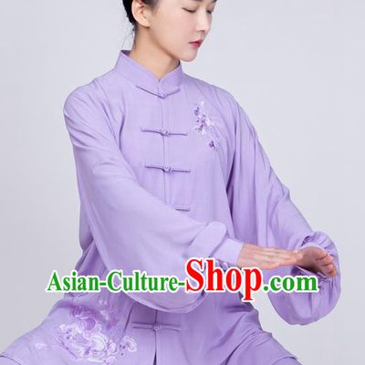 China Traditional Tai Chi Training Costume Kung Fu Lilac Flax Uniforms Martial Arts Embroidered Clothing