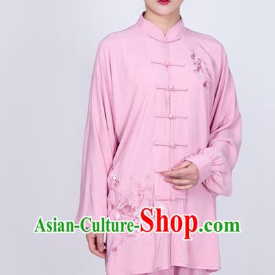 China Kung Fu Peach Pink Flax Uniforms Traditional Tai Chi Training Embroidered Costume