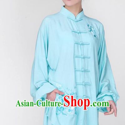 China Traditional Tai Chi Training Costume Martial Arts Embroidered Clothing Kung Fu Light Blue Flax Uniforms