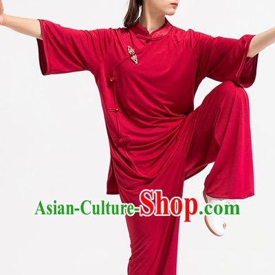 China Kung Fu Wine Red Uniforms Summer Tai Chi Training Costume Traditional Martial Arts Clothing