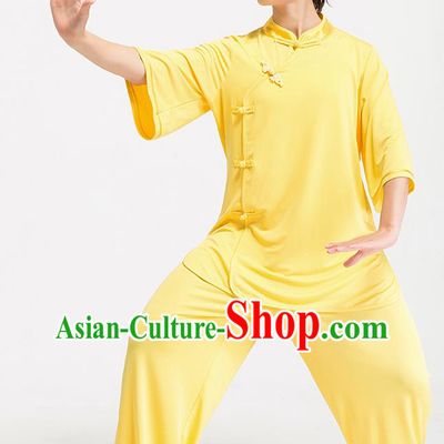 China Traditional Martial Arts Clothing Kung Fu Yellow Uniforms Summer Tai Chi Training Costume