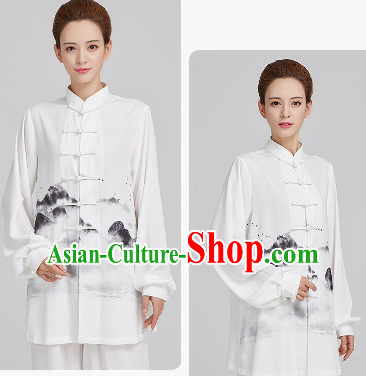 China Ink Landscape Painting White Uniforms Kung Fu Costume Tai Chi Clothing China Ink Landscape Painting White Uniforms Kung Fu Costume Tai Chi Clothing