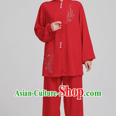 China Martial Arts Red Uniforms Kung Fu Costume Tai Chi Exercise Clothing