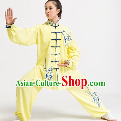 China Top Kung Fu Competition Costumes Tai Chi Training Embroidered Orchids Yellow Uniforms
