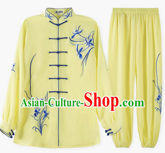 China Top Kung Fu Competition Costumes Tai Chi Training Embroidered Orchids Yellow Uniforms China Top Kung Fu Competition Costumes Tai Chi Training Embroidered Orchids Yellow Uniforms