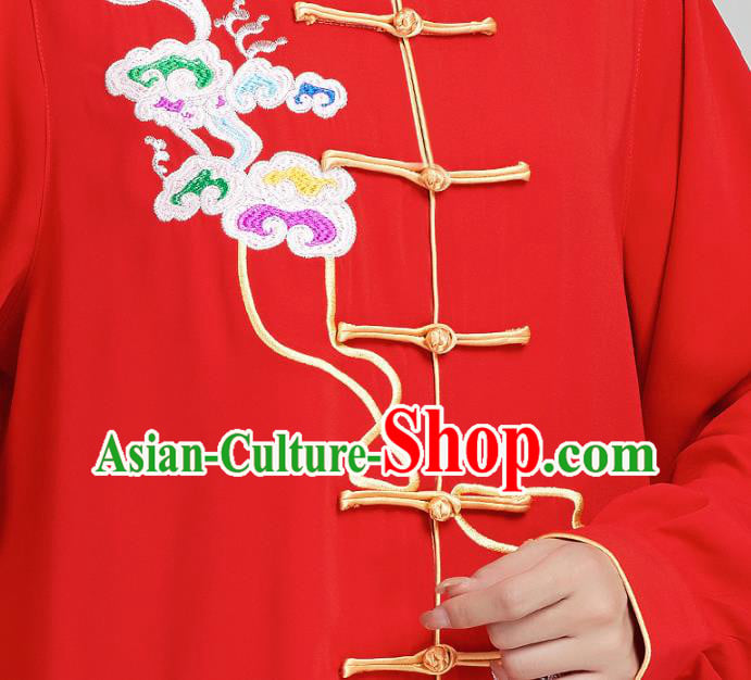 China Traditional Kung Fu Competition Costumes Tai Chi Training Embroidered Clouds Red Uniforms