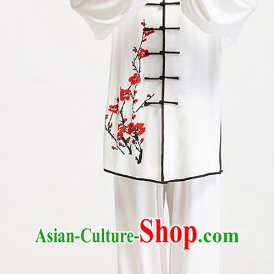 China Tai Chi Training Printing Plum Blossom White Uniforms Traditional Kung Fu Competition Costumes